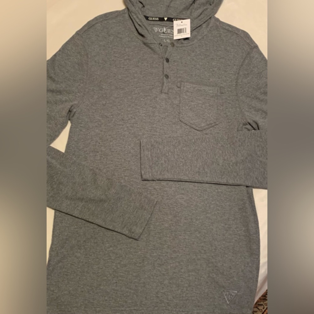 GUESS men’s (unisex)Ethan ribbed 100% cotton gray hoodie size LG NWT